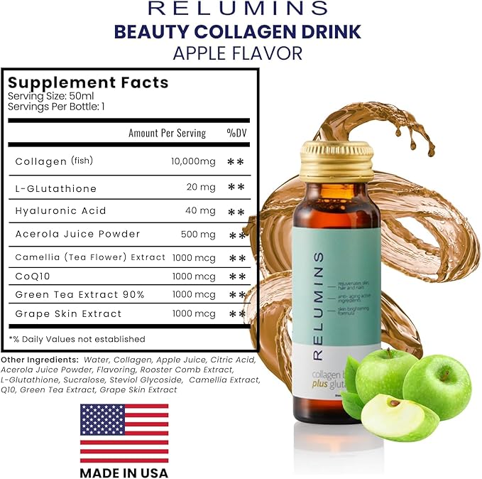 Relumins World's Most Advanced Collagen Drink - 10,000mg w/Glutathione & Antioxidants | USA's No.1 Liquid Collagen, Anti-Aging Spring Glow Essentials | Apple Flavor | Made in USA - 20 Bottles