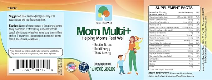 Raise Them Well Mom Multi+ Daily Multivitamin for Women with Active Folate, Adaptogens & Bacopa, Energy, Stress & Cognitive Support, 120 Veggie Capsules
