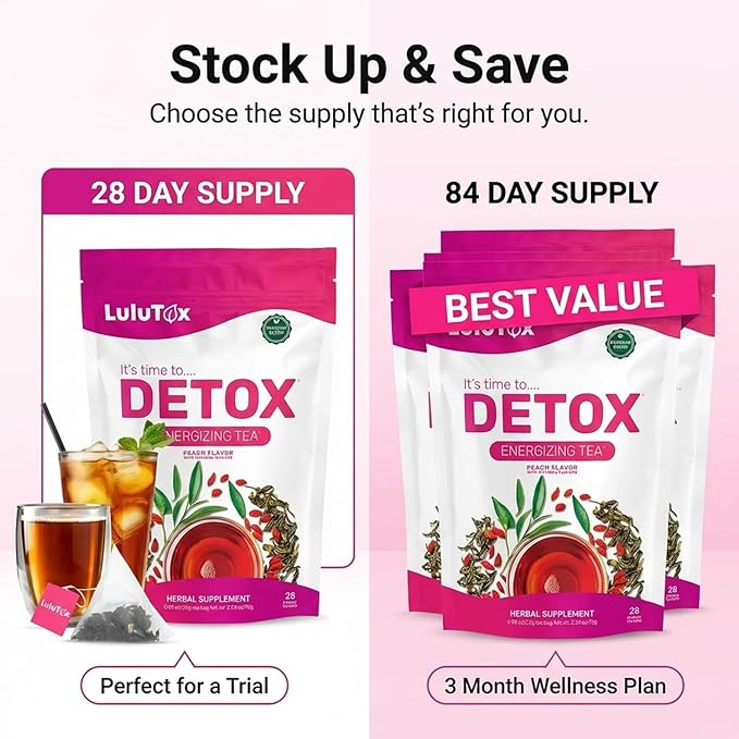 LULUTOX Detox Tea - Herbal Blend with Dandelion, Ginseng, and Ginger - Supports A Healthy Weight, Digestive Health - Vegan, All Natural, Laxative-Free - Peach Flavor (3 Pack x 28 Servings)