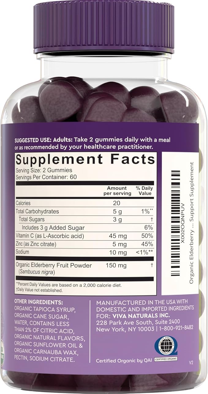 Viva Naturals Sambucus Elderberry Gummies for Adults - 150mg Black Elderberry Vitamin C and Zinc, 3-in-1 Daily Immune Support Gummies, Raspberry Rush Flavor, USDA Organic, Non-GMO, (120 Count)