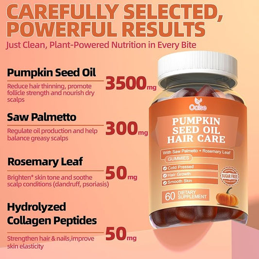 Pumpkin Seed Oil with Saw Palmetto Gummies, 3500mg Per Serving, Cold Pressed, with Rosemary Leaf, Zinc, Hydrolyzed Collagen Peptides, Pumpkin Seed Oil for Hair Growth, Vegan, 60 Counts