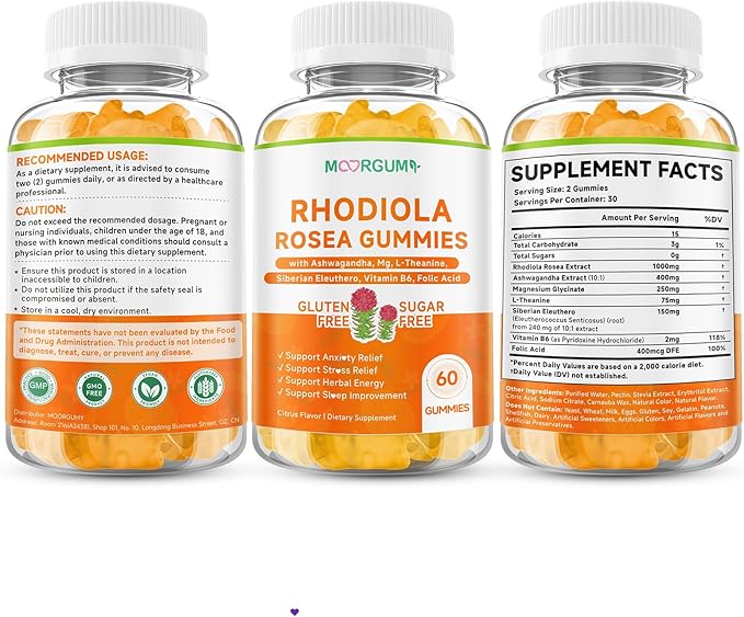 Rhodiola Rosea Gummies for Adults & Kids-Adaptogenic Herb-Daily Wellness, Emotions, Slumber Support, with Ashwagandha, Magnesium Glycinate, Siberian Eleuthero Supplements for Women & Men, 60 Count