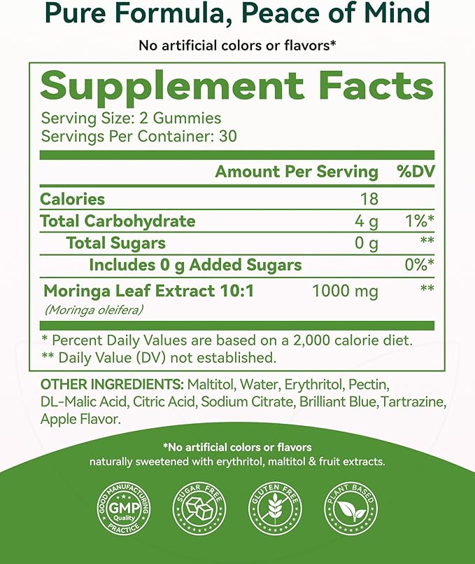 Inner Brightness Moringa Gummies 1000mg Per Serving – 10:1 Moringa Leaf Extract Green Superfood for Energy & Immune Support – Vegan, Non-GMO, 60 Count, Made in US