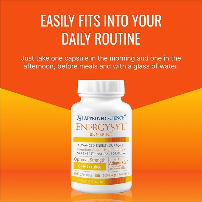 Approved Science Energysyl - Caffeine Free - with Adaptogens, B Vitamins, Bioperine - 360 Capsules - 6 Month Supply