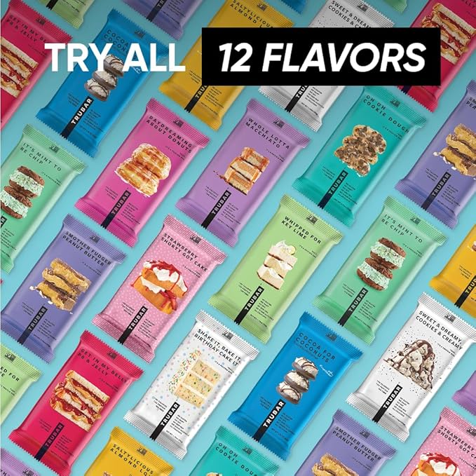 TRUBAR Vegan Protein Bars, 12 Count Founder Favorites Variety Pack, (2 Each – OOCD, DAD, SFPB, PBJ, SSGC & CoCo), Gluten Free, Plant Based, Dairy Free, High Fiber, Healthy On-the-Go Snack Bars