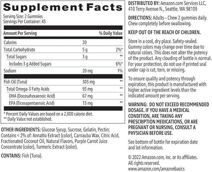 Amazon Basics Fish Oil 303 mg, Soft Chew Gummies, Lemon, Orange & Strawberry-Banana Flavors, 90 Count, EPA and DHA Omega-3 Fatty Acids (Previously Solimo)