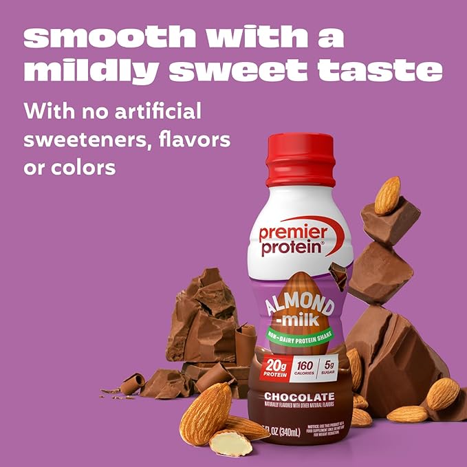 Premier Protein Non-Dairy Plant Based Almondmilk Shake, 20g Protein, 5g Sugar, 11.5 Fl oz, Chocolate (Pack of 24)