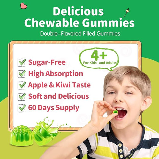 Magnesium Gummies for Kids - Magnesium Glycinate Gummies with L-Theanine, Vitamin B6, D3 for Kids & Adults Sleep, Calm, Relaxation, Brain, Bones, Muscle Relief, Sugar Free Green Apple & Kiwi 60ct