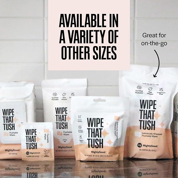Wipe That Tush On-The-Go Flushable Wipes - 4 Packs of 30 Individually Wrapped Wipes, 120 Total - Fragrance Free - Extra Large & Soft - Hypoallergenic With Aloe & Vitamin E - Septic-Safe