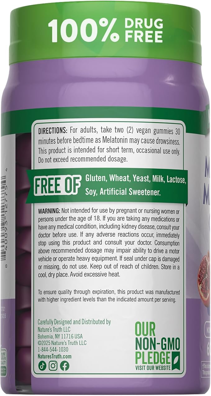 Nature's Truth Melatonin with Magnesium Gummies | 60 Count | Plus L-Theanine | Blueberry Pomegranate Flavor | Vegan, Non-GMO & Gluten Free Supplement
