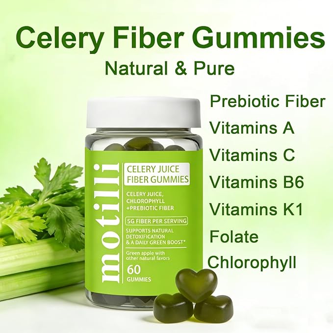 Motilli Celery Juice Gummies, Fiber Gummies with Celery Juice, Support Gut Health, Chlorophyll & Prebiotic Fiber, 60 Count(1PC)