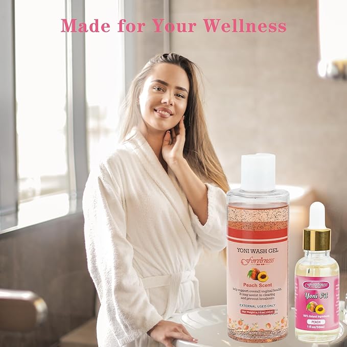 Natural Feminine Wash Yoni Oil Set, Body Cleanser with Cleaning Factor, Yoni Wash for Women pH Balance,1 fl.oz Peach Feminine Oil & 6.7 fl.oz Intimate Cleanser