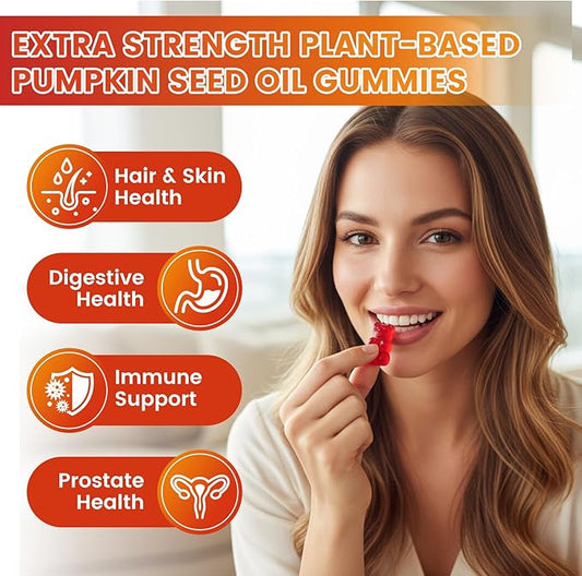 Organic Pumpkin Seed Oil Gummies with Saw Palmetto for Hair Growth & Skin Health | Vegan, Non-GMO, Gluten-Free Strawberry Flavor | 60 Count