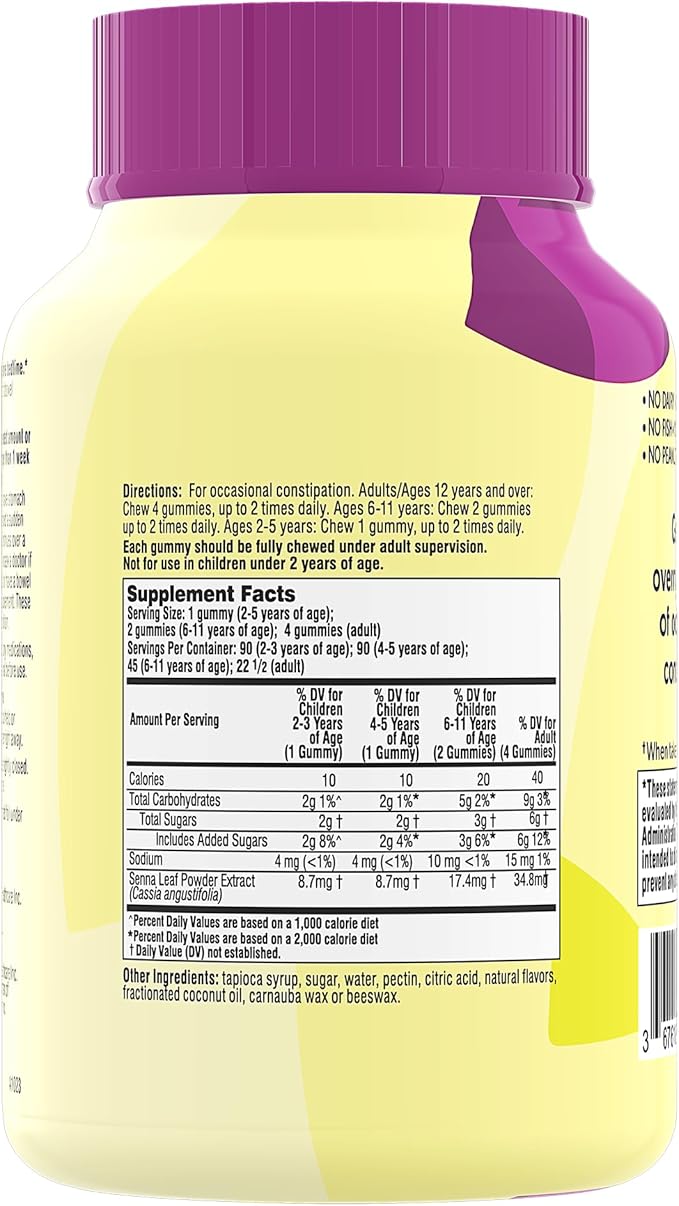 Senokot Dietary Supplement Laxative Gummies,Natural Senna Extract,Gentle,Overnight Relief from Occasional Constipation,Mixed Berry Flavor,90 Count (Pack of 2)