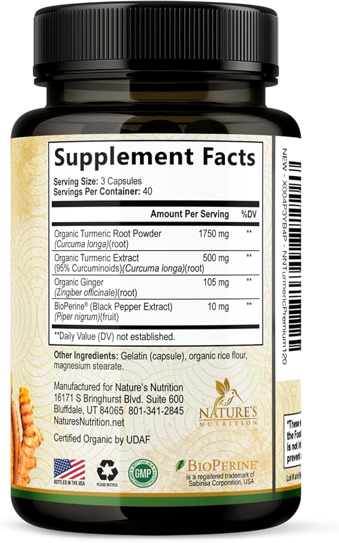 Turmeric Curcumin Supplement 2350mg - 95% Curcuminoids with Organic Turmeric & Ginger, BioPerine Black Pepper for Best Absorption, Nature's Vegan Joint Support, Non-GMO, Bottled in USA - 120 Capsules