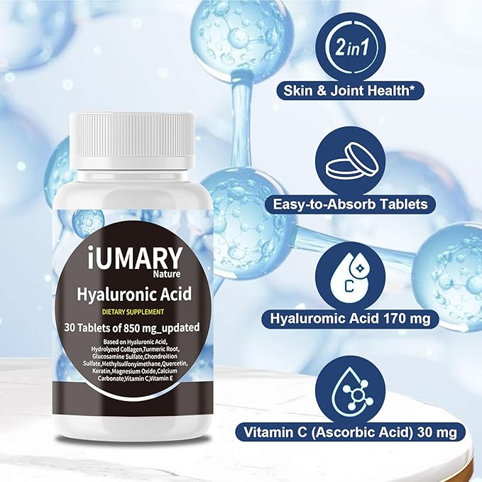 Hyaluronic Acid Supplements, 850mg High Bioavailable Dietary Hyaluronic Acid - Advanced Joint Support with Hydrolyzed Collagen, Turmeric, Glu-cosamine, MSM, Vitamin C – 30 Tablets(Pack of 1)