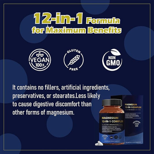 Puravita Magnesium Complex 700mg 12 in 1 Magnesium Supplement with Glycinate, Citrate, Malate & More | Easy Absorption, Energy Support, Vegan & Non-GMO | 120 Capsules (1pc)