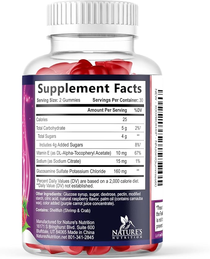 Joint Support Gummies - Glucosamine Plus Vitamin E Nature's Joint Support Supplement for Occasional Discomfort for Back, Knees & Hands - Cartilage & Joint Health & Flexibility Support - 60 Gummies