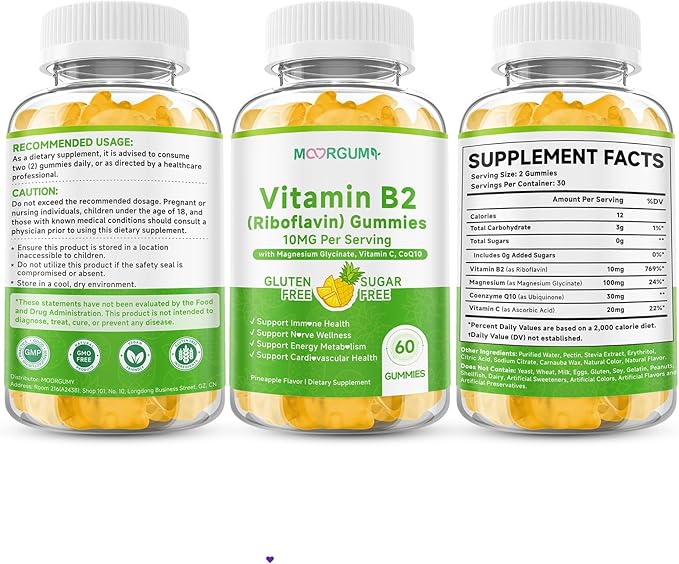 Vitamin B2 Gummies, Riboflavin Supplement for Kids & Adults, with Magnesium Glycinate, CoQ10 and Vitamina C, for Women and Men, Energy, Immune Wellness & Cellular Health Support, 60 Count