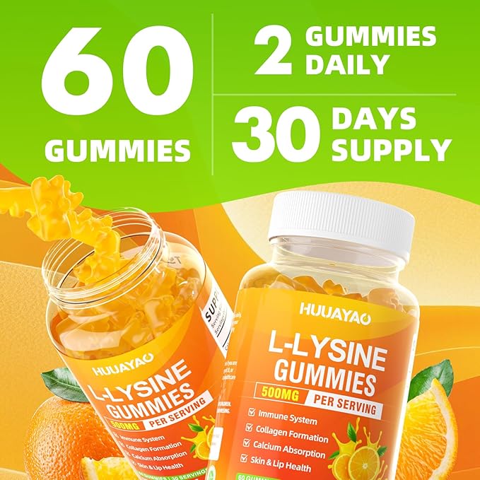 L-Lysine Gummies 500mg, Lysine Gummies Supplement for Immune Support & Skin Health, Collagen Formation Support, Vegan, Gluten Free Chewable Supplement for Adults & Kids, Orange Flavor, 60 Count