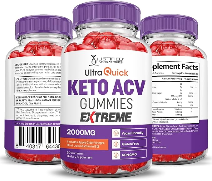 Justified Laboratories Ultra Quick Keto ACV Gummies Extreme 2000MG Ultraquick Keto Gummies Apple Cider Vinegar Formulated with Pomegranate Beet Juice Powder B12 Vegan Non GMO 60 Gummys