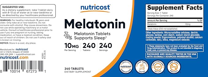 Nutricost Melatonin 10mg, 240 Tablets - 10mg Per Serving, Non-GMO, Gluten Free
