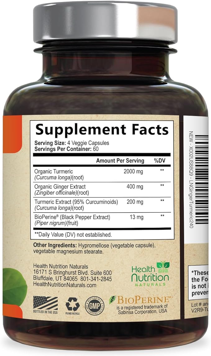 Turmeric Curcumin Supplement - 2000mg Organic Turmeric & 400mg Organic Ginger per Serving - 95% Curcuminoids & BioPerine Black Pepper for Best Absorption & Joint Support, Bottled in USA - 240 Capsules
