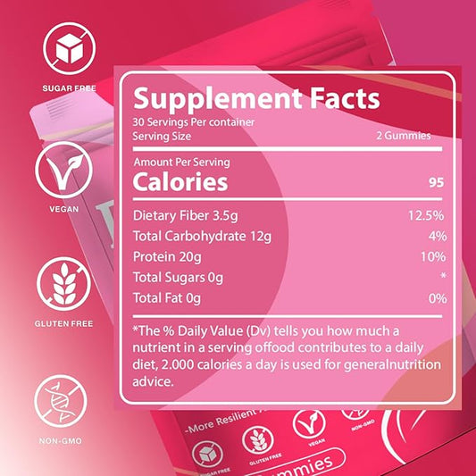 Protein Gummies for Women & Men, 20g Protein per Serving, Zero Sugar, Vegan, Supports Hair Skin Nails Health with Collagen, Energy Boosting Supplement, Mixed Berries Flavor, 60 Gummies (1) (1)