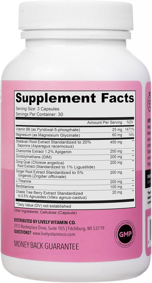 LIVELY VITAMIN CO. Get Even - Women's Hormonal Balance Blend - Helps Reduce Severity of Periods, PMS & Menopause - Eases Cramps & Bloating - Mood Regulation - Period Pain & Discomfort - 90 Count