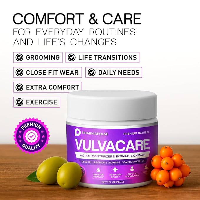 Pharmapulse Vaginal Moisturizer, Vulva Balm Cream, Intimate Skin Care, Menopause Support - Relieves Dryness, Itching, Burning, Redness, Chafing, Odor, Irritation - Estrogen Free 2oz