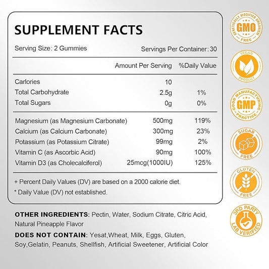 2 Pack Magnesium Carbonate Gummies 500mg, High Absorption Magnesium Supplement for Women & Men, with Calcium, Potassium, Vitamin C & D3, Support Digestive & Muscle Health, Sugar Free, Vegan,120Ct