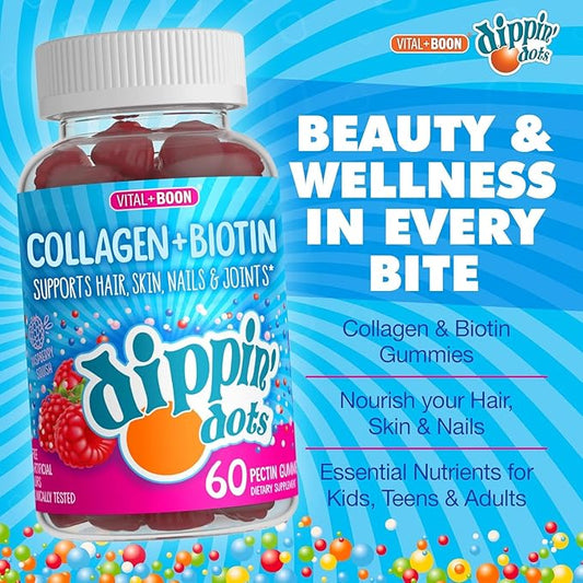 Vital+Boon Dippin Dots - Collagen + Biotin (60 Count) Gummies Rasberry Squish Flavor - 2 Pack