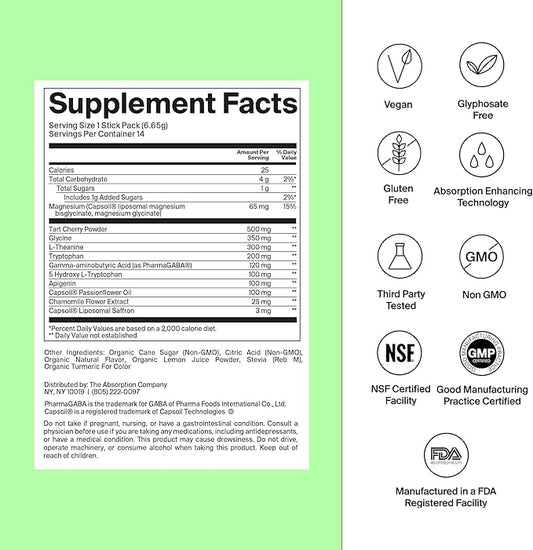 Sleep Aid Powder - Calming Drink for Deep Sleep with Liposomal Saffron, Magnesium & PharmaGABA Melatonin-Free Natural Supplement to Reduce Stress and Improve Sleep Quality Chamomile Lemonade 14 Sticks