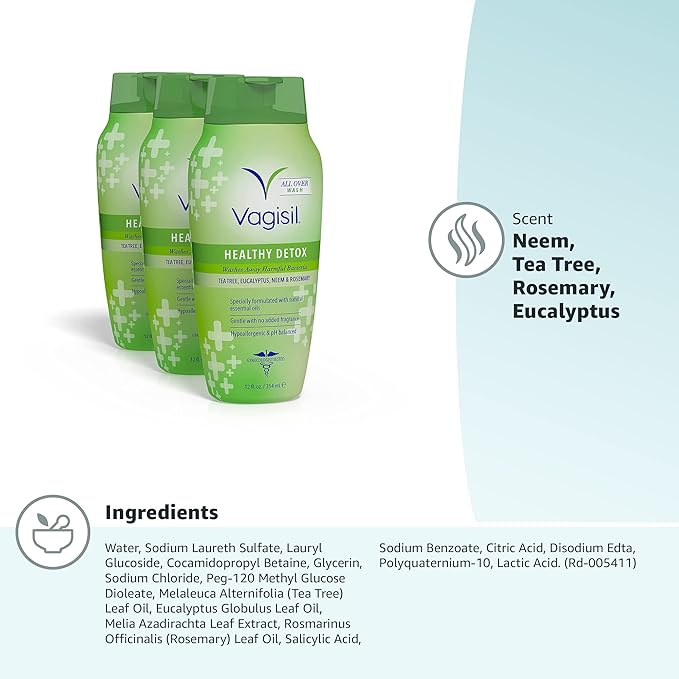Vagisil Feminine Wash for Intimate Area Hygiene, Healthy Detox, All Over Body Wash for Women, Gynecologist Tested, Hypoallergenic and pH Balanced, 12 Fl Oz (Pack of 3)