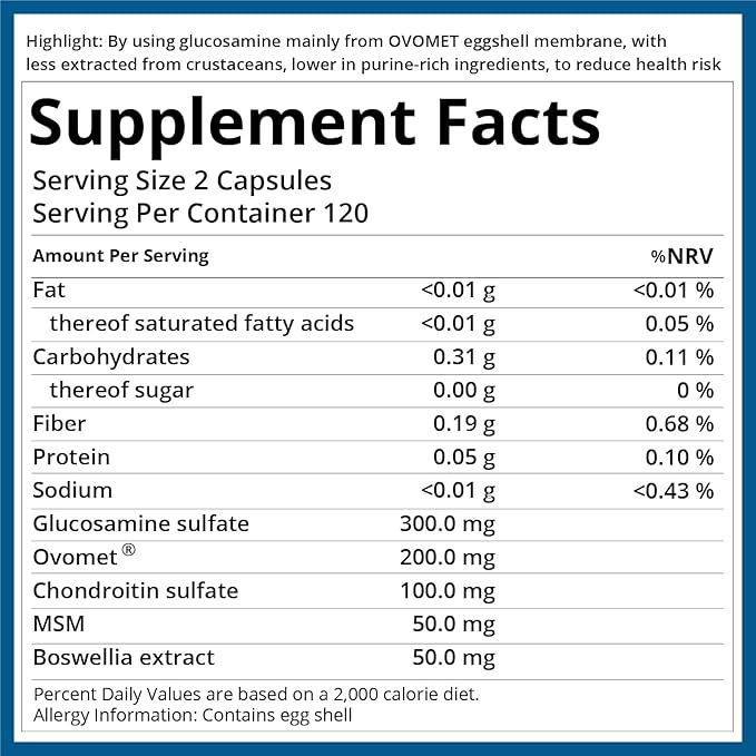 purmeo 5-Day Fast-Acting Joint Health Supplement - Support for Comfort, Cartilage, Strength & Flexibility - OVOMET Eggshell Membrane Glucosamine Chondroitin, MSM & Boswellia - Made in Germany, 120ct