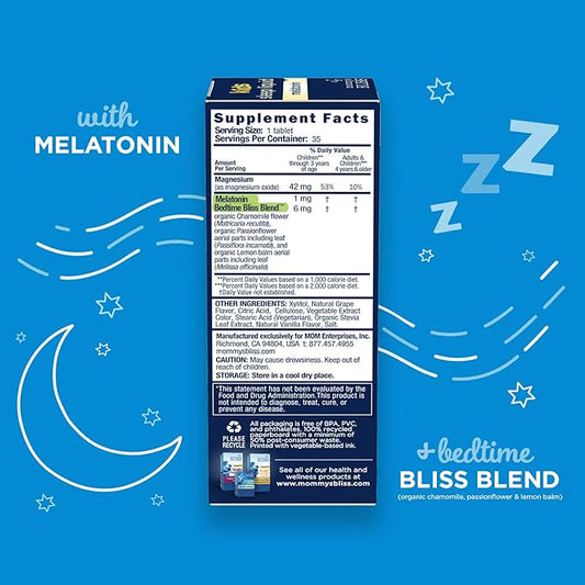 Mommy's Bliss Kids Sleep Chewable Tablets, Melatonin, Magnesium & Calming Herbs, Grape Flavor, Sugar Free Kids Melatonin, Age 3+ (35 Servings), 35 Count (Pack of 2)