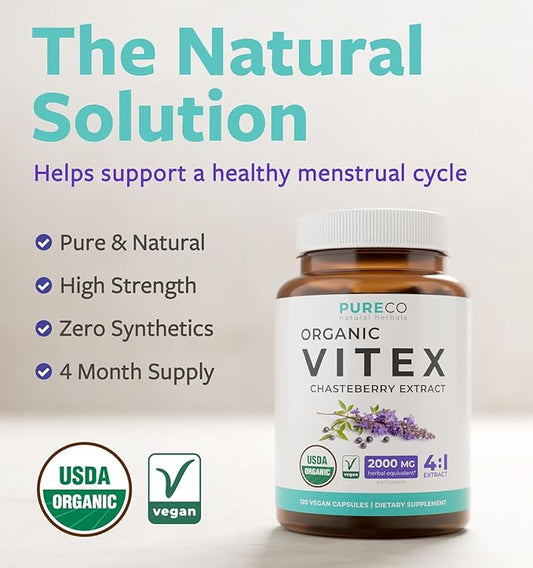 Organic Vitex Chasteberry Supplement for Women - High Strength Chaste Tree Berry Extract Supports Hormone Balance for Women from PMS to Menopause - Filler Free Vegan & Non-GMO (4 Month Supply)