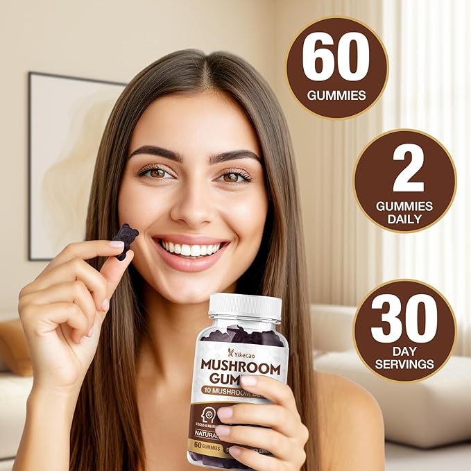 Mushroom Gummies for Adults, 10 Blend Mushroom Supplement with Lions Mane, Cordyceps, Reishi, Chaga and Turkey Tail for Focus and Energy, Raspberry Flavor, 60 Count