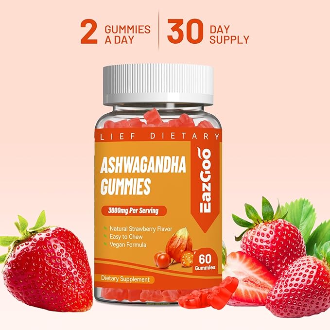 2 Pack Ashwagandha Gummies & Vitamin D3, 3000mg Extra Strength Ashwagandha Root Extract for Boosts Energy, Immune Support, Non-GMO, Strawberry Flavor, 120 Count