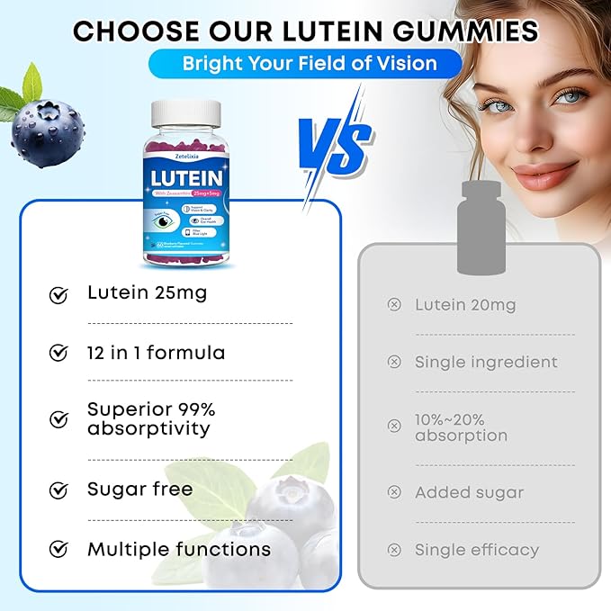 Lutein Gummies, 12 in 1 Lutein and Zeaxanthin Supplements Eye Vitamins Gummies for Adults, Eye Health Supplement with Multiple Vitamin for Promoting Eye & Vision - 60 Gummies