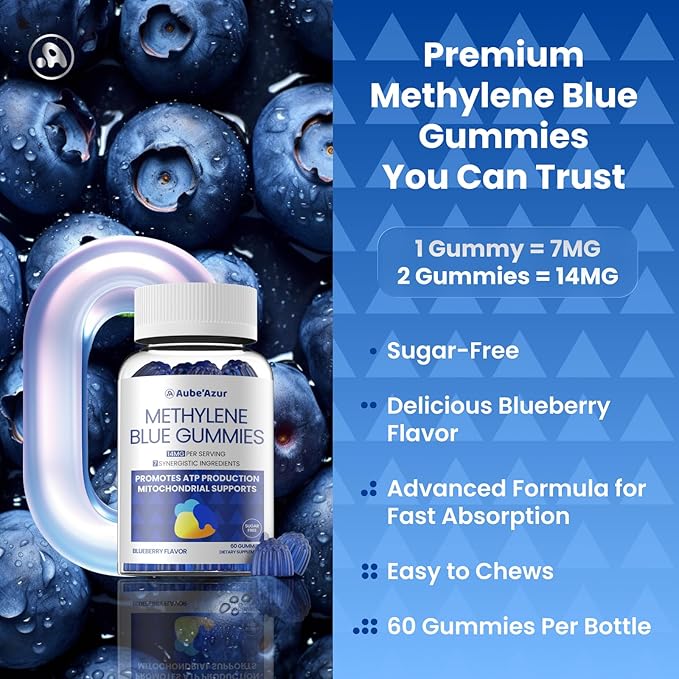 Aube'Azur Methylene Blue Gummies for Humans, 14mg Methylene Blue Supplement with L-Theanine, NAC, Nicotinamide & CoQ10 for Men Women, Fast-Absorbing, Vegan, Sugar-Free, Blueberry Flavor, 60 Count