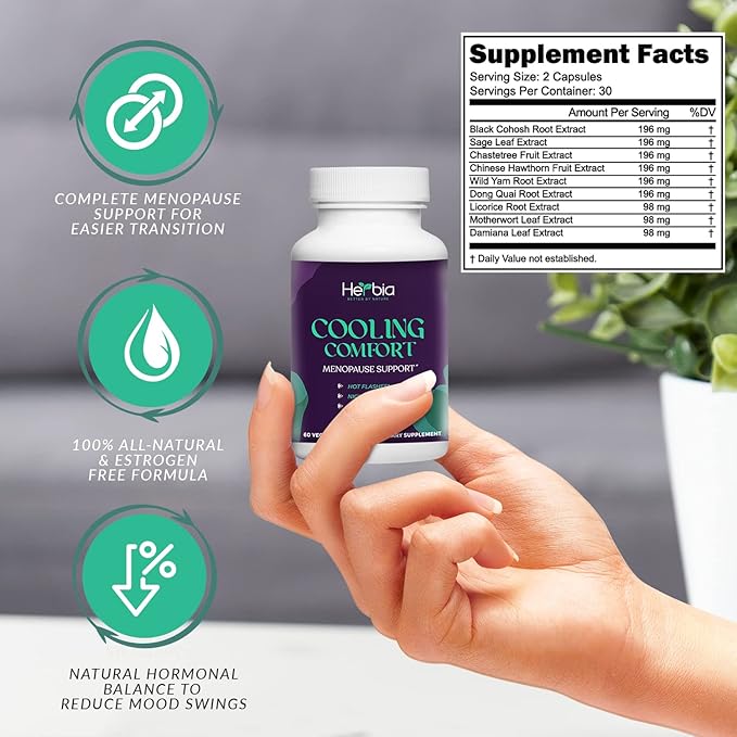 Cooling Comfort Natural Menopause and PMS Supplement - Hormonal Balance, Estrogen-Free Herbal Formula Relief for Night Sweats, Mood Swings & Vaginal Dryness - 60 Vegetable Capsules