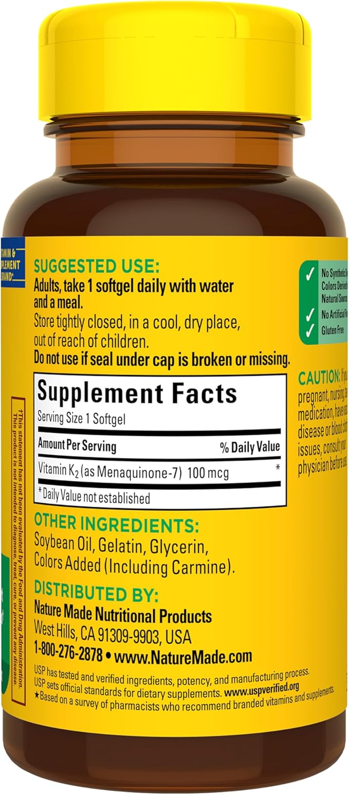 Nature Made Vitamin K2 100 mcg, Healthy Bone Supplements, Vitamin K2 Supplement, 30 Softgels, 30 Day Supply