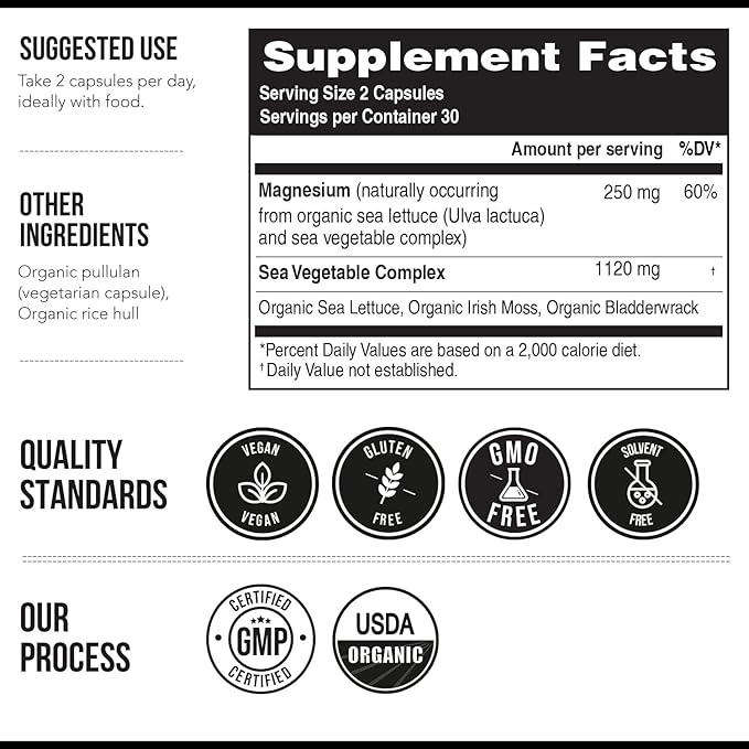 Organic Whole Food Magnesium Supplement - Plant-Based, Organic Sea Vegetable Complex - 250 mg Per Serving | Water Extracted | Gentle on Stomach | Supports Energy, Sleep, Muscle, Heart - 60 Capsules