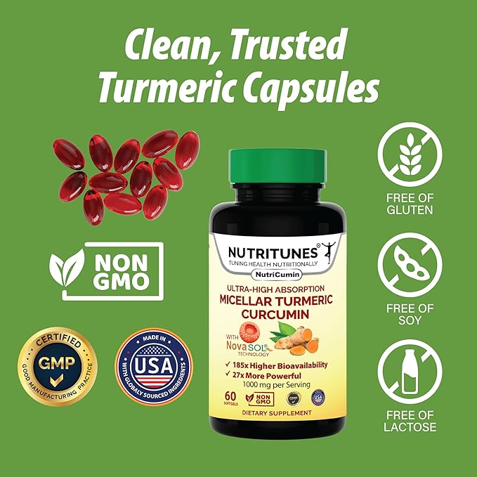 NutriCumin NovaSOL Turmeric Curcumin 1000 mg – 185× Absorption – Supports Joint Comfort & Mobility – Non‑GMO Softgels, 60 Ct.