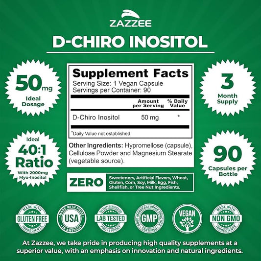 Zazzee 40:1 Ratio Myo and D-Chiro Inositol Supplement for Women | D-Chiro and Myo Inositol Capsules for Cycle Regulation Ovarian Support & Overall Hormone Balance for Women - Vegan & ISO Lab Tested
