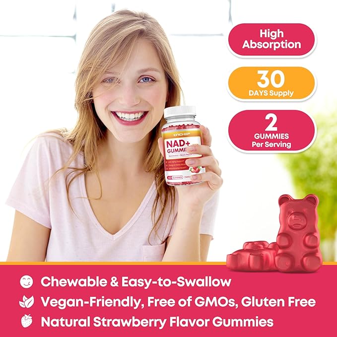 NAD+ Gummies, 1200mg Liposomal NAD Supplement for Women & Men with Trans-Resveratrol & Black Pepper Extract Anti-Aging Supplement, Brain & Cellular Mitochondrial Health - 60 Gummies Strawberry
