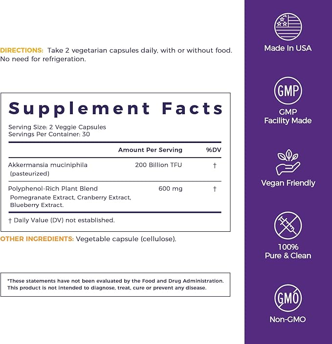 NewRhythm Akkermansia Muciniphila for Women & Men 200B TFU, Naturally Increase GLP-1 Metabolism Booster Gut Lining Repair, Cranberry Blueberry Pomegranate Extracts, Vegan, 60 Caps