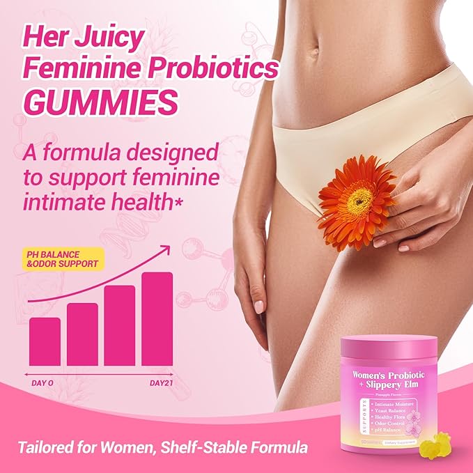 Her Juicy Feminine Probiotics Gummies, Premium Feminine Balance Gummies with Slippery Elm for Women's pH Balance, Healthy Odor, Flora and Immune Support 30-Day Supply