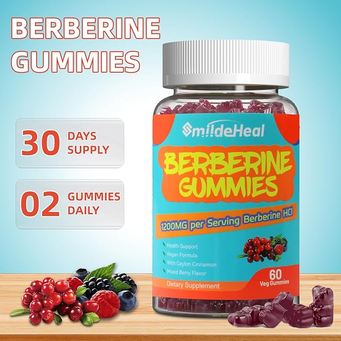 2 Pack Berberine Gummies 1200mg with Ceylon Cinnamon 200mg, Milk Thistle Extract & Turmeric, Vegan Berry Flavor, Non-GMO, Gelatin-Free, Gluten-Free, 120 Count